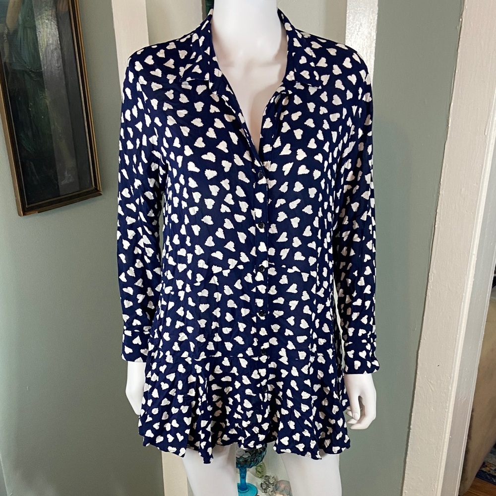 11-1-Tylho Anthopologie Larkin Hearts Button Down Shirt Tunic Blouse Top peplum
